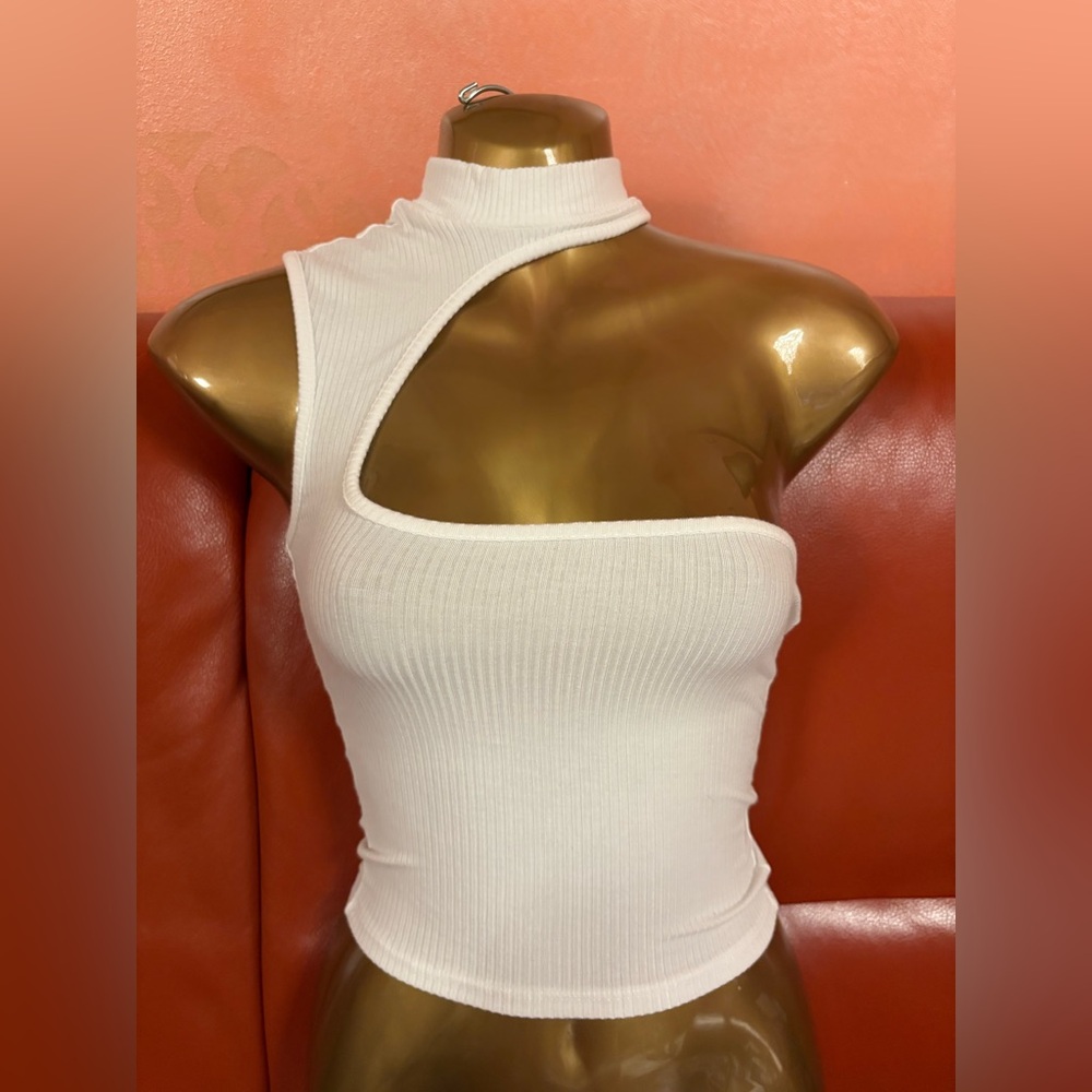 Emma & Sam White Asymmetrical Ribbed Crop Top